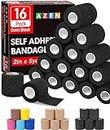AZEN 16 Pack Self Adhesive Bandage Wrap Black, 2" X 5 Yards Black Athletic Tape, Vet Wrap, Tattoo Grip Tape Wrap，Ankle Tape, Cohesive Bandage Wrap