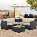 WAROOM Outdoor PE Wicker Patio Furniture Set 4 Piece Black Rattan Sectional Sofa Conversation Couch Sets with Storage Box Glass Top Table and Anti-Slip Khaki Cushion