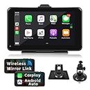 Portable Wireless Apple Carplay Android Auto Car Stereo Radio, 7 Inch HD Touchscreen Multimedia Player Bluetooth Audio Hands Free Calling, Support Mirror Link FM Siri TF Card AUX Input