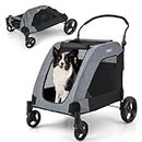 GYMAX Large Pet Stroller for Dogs up to 60kg, Foldable Dog Pram Pushchair w/Dual Entry, Adjustable Handle, Safety Belt, Removable Pad & Breathable Mesh, 4 Wheels Pet Travel Cart (Gray)