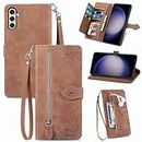Furiet Compatible with Samsung Galaxy S23 FE 5G Wallet Case with Wrist Strap Lanyard and Leather Flip Card Holder Stand Cell Accessories Folio Purse Phone Cover for S 23 EF S23FE 23S Women Brown