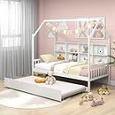 KOMFOTT Wood Twin House Bed with Trundle, Kids Playhouse Platform Bed Frame with Roof & 8 Storage Shelves, 2-in-1 Montessori Bed for Kids Boys Girls, No Box Spring Needed, White