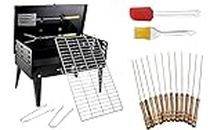 Inditradition Combo Pack Briefcase Charcoal Barbeque Grill With 12 Skewers, Fork, Tong, Oil Brush & Spatula (Metal, Black), Free Standing