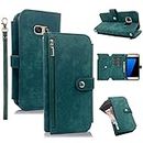 Compatible with Samsung Galaxy S7 Edge Wallet Case 9 Card Slots Retro Leather Flip Credit Card Holder Cell Accessories Purse Lanyard Wrist Phone Cover for S7edge S 7 GS7 7s 7edge Women Men Green