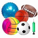 POTWPOT Sports Ball Toys, 5pcs Inflatable Sport Balls Set with Pump, Includes Football, Basketball, Volleyball, Rugby, Acanthosphere, Outdoor Games for Kids Beach Balls Toys
