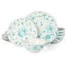Martha Stewart Empress Bouquet Decorated Porcelain Dinnerware Plates and Bowls Set - Teal Floral, Service for 4 (12pcs)