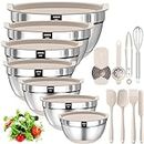 Mixing Bowls with Airtight Lids, 20 Piece Stainless Steel Metal Nesting Bowls, AIKKIL Non-Slip Silicone Bottom, Size 7, 3.5, 2.5, 2.0,1.5, 1,0.67QT Great for Mixing, Baking, Serving (Khaki) …