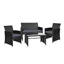 Gardeon Outdoor Table and Chairs Lounge Set 4pcs Rattan Wicker Dining Tables Chair Setting Sofa, Patio Conversation Sets Garden Backyard Furniture, Weather-Resistant Cushions Black Glass Tabletop