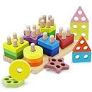 Kizmyee Giocattoli per Bambini Montessori, 24 Pezzi di Forme Geometriche Ordinamento e Impilamento Block Board, Puzzle Educativi in ​​Legno Regalo per 1 2 3 Anni Neonati Ragazzi