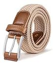 BULLIANT Cinturón Trenzado Elástico,Tejido Extensible Cinturón para Hombres y Mujeres Hebilla de Zinc, Ancho 35mm(Beige-105cm/30-34" Cintura ajuste)