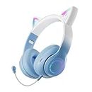 Cat Ear Wireless Bluetooth Headphone with Noise Canceling Microphone for Kids, LED Light Up Over Ear Headset with Stereo Sound Deep Bass Memory Foam Ear Pads for Online Class & Gaming, Blue