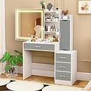 usikey Makeup Vanity Desk, Makeup Vanity Table with Sliding LED Lighted Mirror, Vanity Table with 4 Drawers & Cabinet, 3 Lighting Modes & Brightness Adjustable, Bedroom Dressing Table, White and Grey