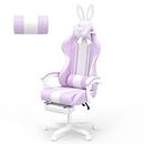 Ferghana Kawaii Light Purple Gaming Chair with Bunny Ears, Ergonomic Cute Gamer Chair with Footrest and Massage, Racing Reclining Leather Computer Game Chair for Girls Adults Teens Kids