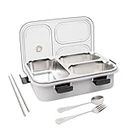PRIME DEALS Lunch Box Sealed Leakage Proof Stainless Steel Lunch Box with Fork,Chopstick & Spoon Lid Office Food Container 3 Compartment for School Kids and Adults, 750ml (3 Compartment, Grey)