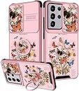 Funermei (2in1 for Samsung Galaxy S21 Ultra Case for Women Girls Butterfly Cute Phone Cover Pretty Aesthetic Girly Butterfly Design with Camera Cover+ Ring Stand for S21 Ultra Phone Case