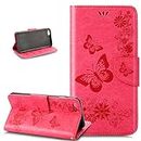 Compatible with iPhone 6S Case, iPhone 6 Case, Embossed Butterfly Flowers Vine Pattern PU Leather Flip Stand Wallet Mobile Phone Case Cover Protective Case for iPhone 6S/6, Hot Pink