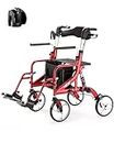 HEAO 2 in 1 Rollator-Transport Chair with Shock Absorber, 4 x 10" Wheels Rolling Wheelchair for Seniors, Walker with Cup Holder, Reversible Backrest and Detachable Footrests, Red