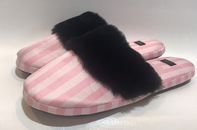 Victoria Secret pink striped with black faux fur womens house shoes/slippers!