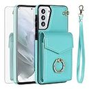 Asuwish Phone Case for Samsung Galaxy S21 Plus Glaxay S21+ 5G Wallet Cover with Tempered Glass Screen Protector and Ring Credit Card Holder Cell Gaxaly S21+5G S21plus 21S + S 21 21+ G5 Women Men Teal