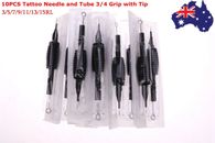 10 x New Sterile Disposable Tattoo Needle and Tube 3/4 Grip with Tip RL AU