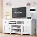 YITAHOME Farmhouse TV Stand, Entertainment Center with Power Outlet for TVs Up to 80 Inch, TV Console with Movable Partition & Storage Shelf, Rustic TV Stand for Living Room, White