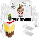 DLux 50 x 3 oz Mini Dessert Cups with Spoons, Square Tall - Clear Plastic Parfait Appetizer Cup - Small Reusable Serving Bowl for Tasting Party Desserts Appetizers - with Recipe Ebook