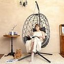 SWITTE Egg Swing Chair with Stand, Outdoor Patio Hanging Chair with Stand, Indoor Wicker Hammock Chair with Cushion for Porch Garden Bedroom Backyard, 350LBS Capacity-Dark Grey