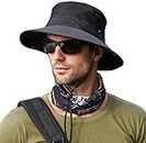 Alexvyan Black Round Crown Hat Sun Visor Hats for Men Wide Brim Summer Cap for Boys UV Protection Breathable Casual Beach Hat, Safari Hat Sun Protection Cap for Gents