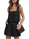 AUTOMET Womens 2 Piece Outfits Lounge Matching Sets Two Piece Linen Shorts Crop Tops 2023 Trendy Clothes Summer Vacation Set, Black, Medium
