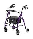 Days Lightweight Folding Four Wheel Rollator, Mobility Aid with Padded Seat, Lockable Brakes and Carry Bag, Mobility Walker, Purple, Small