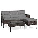 COSTWAY 4 Seater Rattan Garden Furniture Set, Patio Conversation Set with Cushioned Sofa, Ottoman and Tempered Glass Table, All-Weather Wicker Outdoor Corner Sofa Set for Balcony Lawn Yard (Grey)