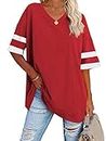 Voopptaw Ladies Oversized Tshirt Tops V Neck Simple Striped Baseball Tee Shirt Tops Red L