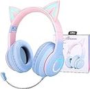 Daemon Kids Headphones, Cat Ear Kids Bluetooth,LED Light Up Over Ear Kids Wireless Headphones with HD Sound 105dB Volume Limited,Foldable Over-Ear Headphone for PC/Pad/School (PinkBlue with Mic)