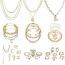 IFKM 36 Piece Gold Plated Jewelry Set - 4 Necklaces, 11 Bracelets, 7 Ear Cuffs, 14 Knuckle Rings - Valentine, Anniversary, Birthday Gifts for Women and Girls