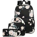 BLUBOON School Backpack Set Teen Girls Bookbags 15 inches Laptop Backpack Kids Lunch Tote Bag Clutch Purse (E0066 Black)
