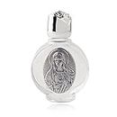 Luomu Glass Holy Water Bottle 0.5 floz with Silver-Toned Cap and Silver-Toned Depiction of The Holy Family (Immaculate Heart)