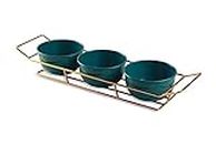 R Ayurveda Copper Serving Three Peacock Green Powder Coated Metal Bowl Set With Gold Plated Wire Tray Server Set For Center Table For Guest Wedding Return Gifts & Dining Table-500 Ml