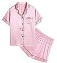 SWOMOG Girls Pyjamas Silk Satin PJs for Kids Boys Short Sleeve Sleepwear Button Dwon Silky Pyjama Sets for Teenage Baby Pink