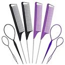 Topsy Tail Hair Tools for Styling Rat Tail Combs for Hair Styling Parting Comb Topsy Turvy Hair Tool 4PCS Rat Tail Combs & 4 PCS Hair Loop Styling Tool Hair Tail Tools Hair Styling Tools & Appliances