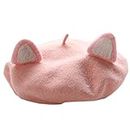Women Winter Ears Beret Wool French Beanie Hat Lolita Costume Kawaii Cat Artist Painter Hats Cap, Pink With Ears, One Size