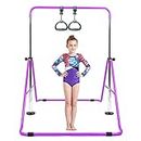 Gymnastic Bar Kids with Flying Ring Folding Adjustable Height Horizontal Gift Set, Expandable Gym Training Bar Equipment for Boys Girls Color Pink Purple Blue Outdoor Indooor (Purple with Ring)