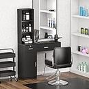PENNYNANA Beauty Salon Barber Station,Wall Mounted Hair Styling Salon Station with 3-Tier Shelf,Hair Salon Spa Equipment with Storage and Cabinet,Black