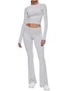 AnotherChill Women's 2 Piece Lounge Sets Fold-over Flare Pants Set Long Sleeve Cropped Top Casual Outfits Pajamas, Light-gray, Small