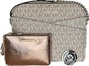 Michael Kors Jet Set Travel MD Dome XCross Crossbody bundled with SM TZ Coinpouch and Purse Hook (Signature MK Optic White/Rose Gold)