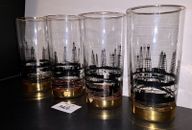 4 Lotus Oil Derrick Rig Black Gold 22K Highball Glasses Vintage MCM Barware