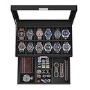 SONGMICS 12-Slot Watch Box, Lockable Watch Case with Glass Lid, 2 Layers, with 1 Drawer for Rings, Bracelets, Gift Idea, Black Synthetic Leather, Black Lining UJWB012B03