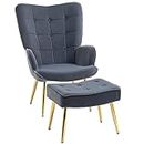 HOMCOM Modern Accent Chair with Ottoman, Upholstered Armchair with Footrest, Gold Metal Legs for Living Room, Bedroom, Dark Grey