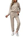 REORIA Womens Long Sleeve Crewneck Solid Color Two Piece Outfit Hoodie Jogger Tracksuit Set Sweatshirt & Sweatpants Khaki S
