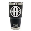 Personalized 3 Letter CIRCLE MONOGRAM, Laser Engraved YETI Tumblers, Straw Mugs with Handle, Chug Bottles, and Can Colsters. Available in Black, White, and Navy colors