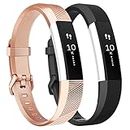 Tobfit Pack 2 Sport Bands Compatible with Fitbit Alta Bands/Alta HR/Ace, Soft TPU Replacement Wristbands with Metal Secure Buckle for Women Men (Black/Rose Gold, Small)